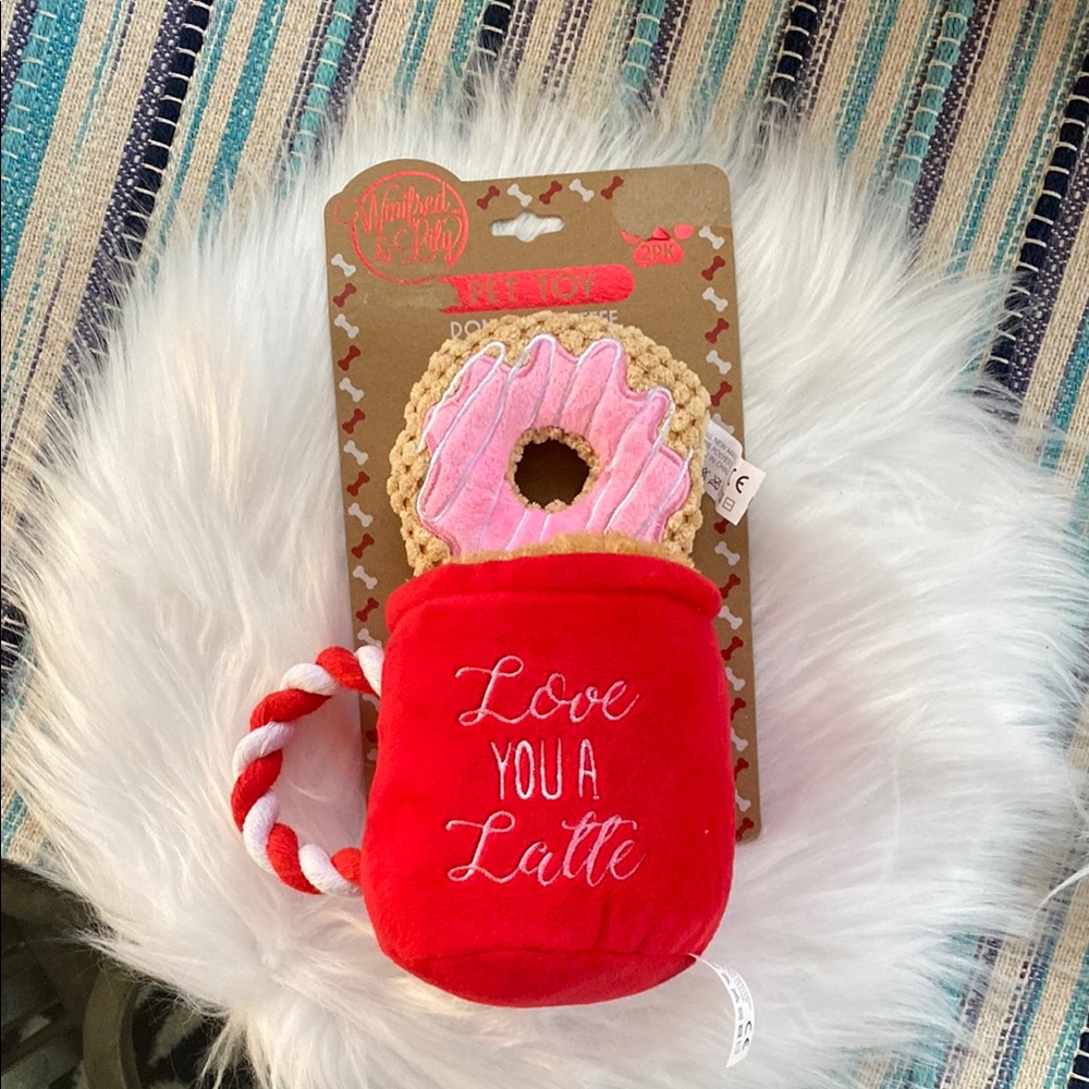 New Red Coffee Cup Dog Toy with Pink Donut with Squeaker